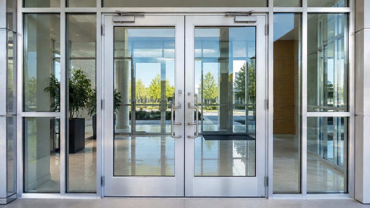 Technician inspecting hardware on a commercial entrance door