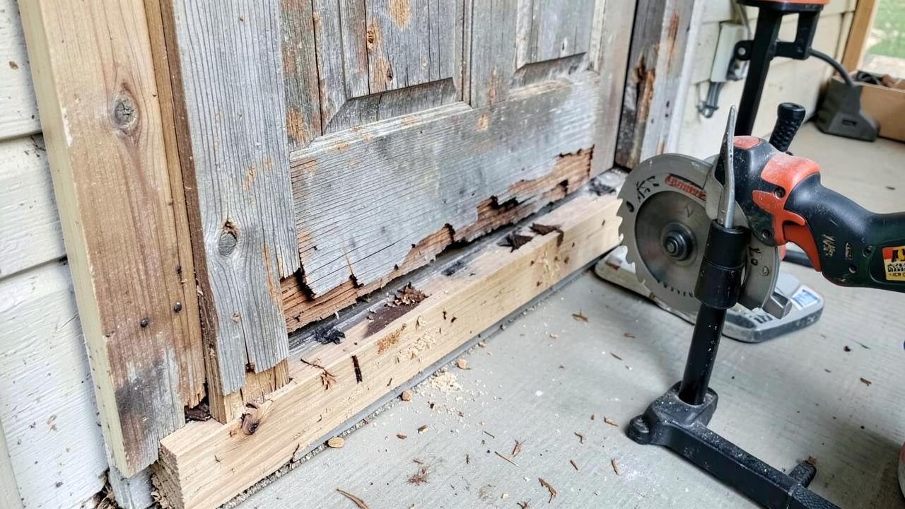 Damaged exterior door frame being repaired