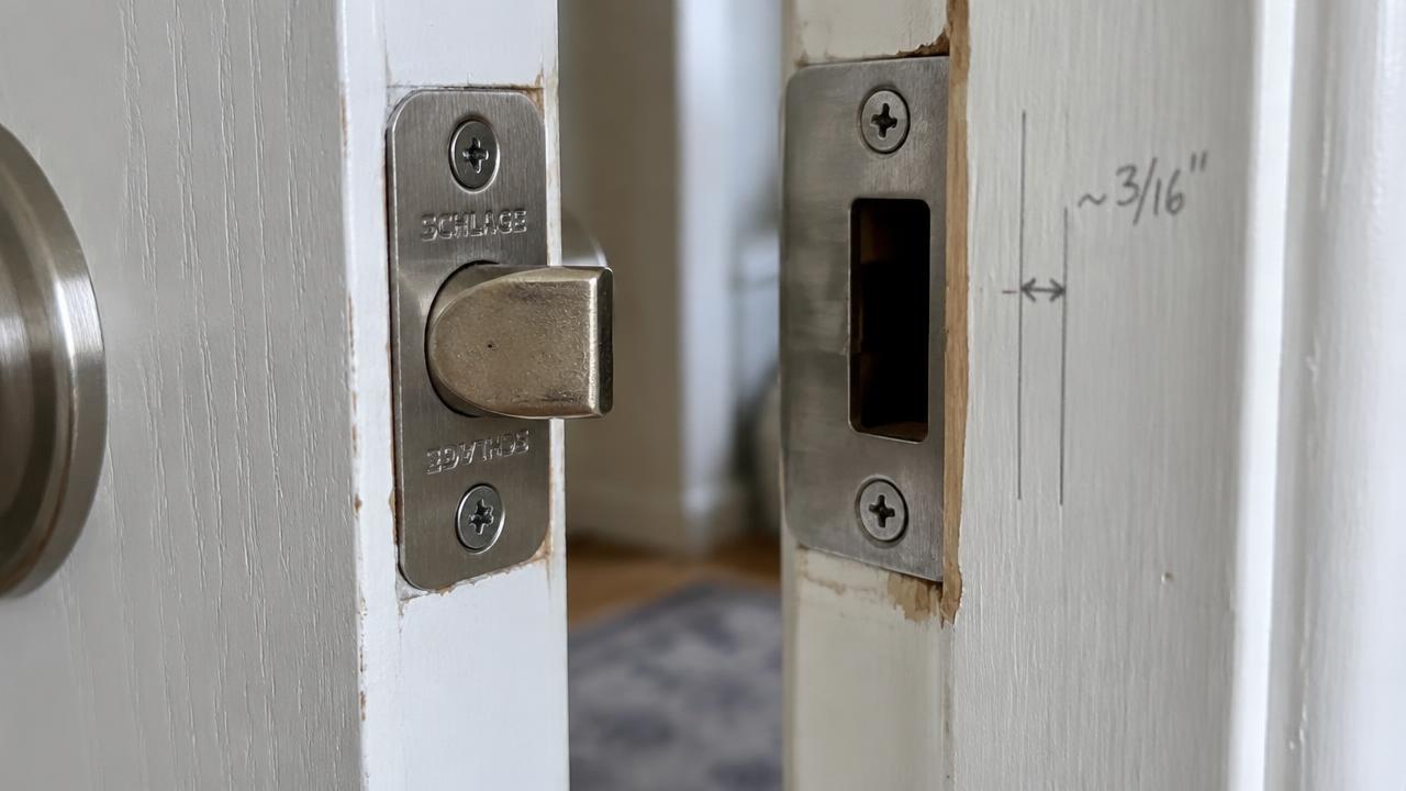 Close-up of a door latch and strike plate being adjusted