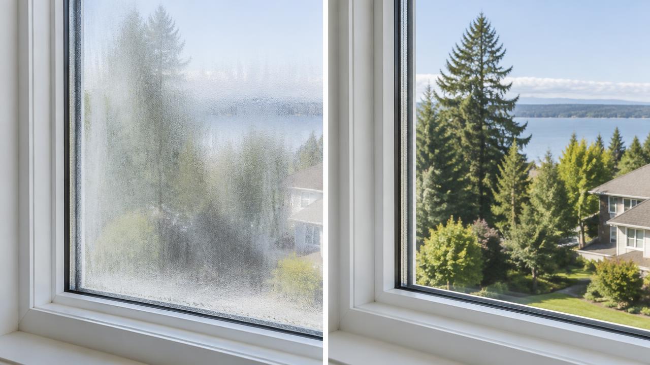 Foggy double-pane window glass being measured for replacement