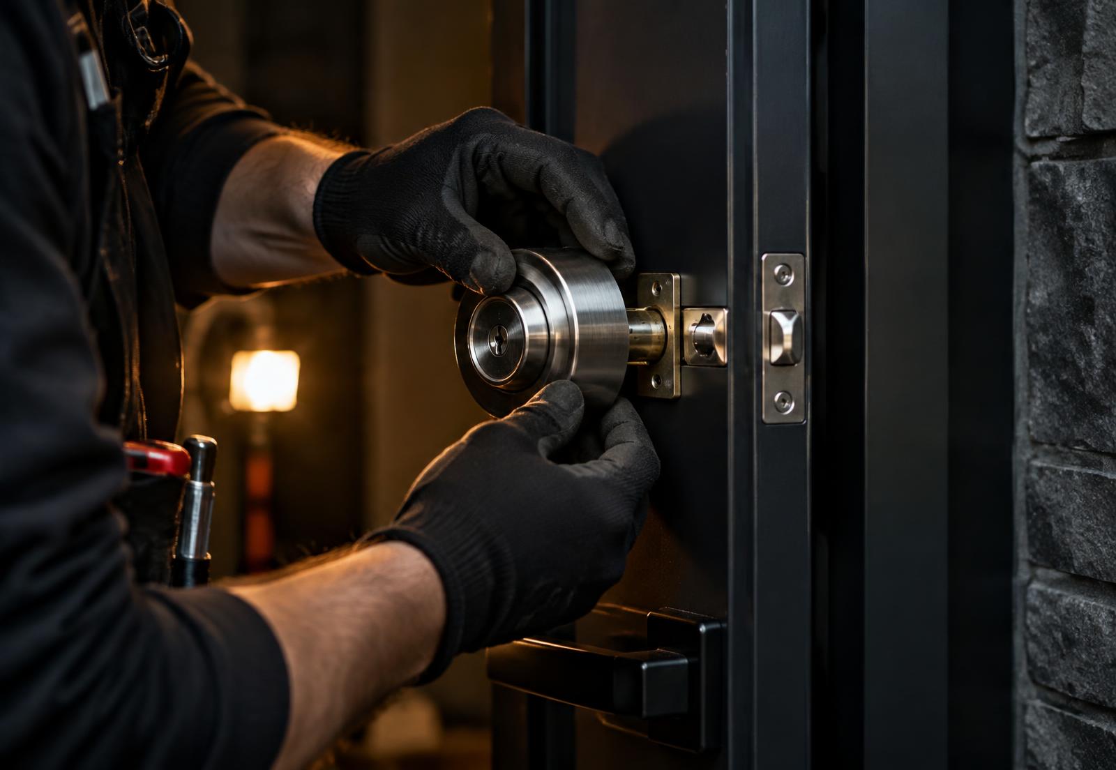 Technician installing a steel deadbolt on a dark front door