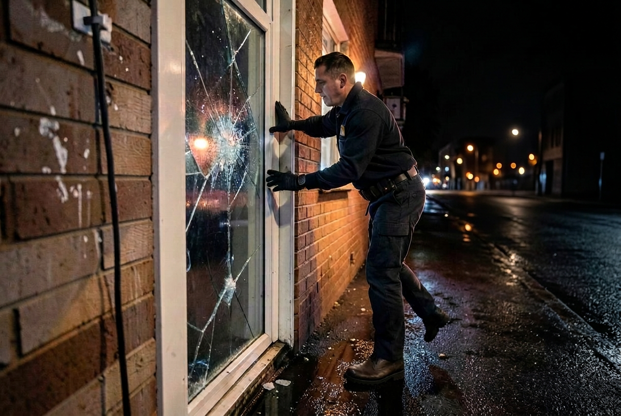 Technician securing a broken glass door at night after a break-in