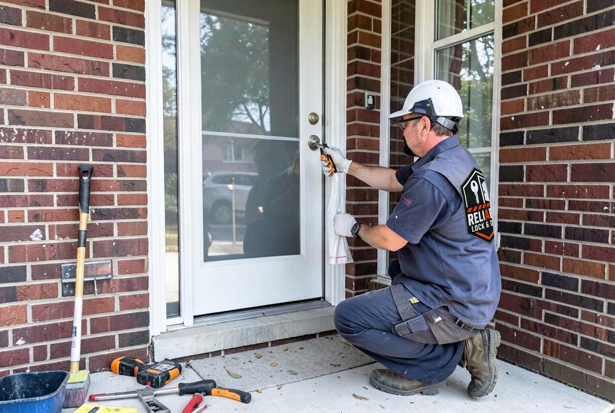 Technician installing a new front entry door on a brick home