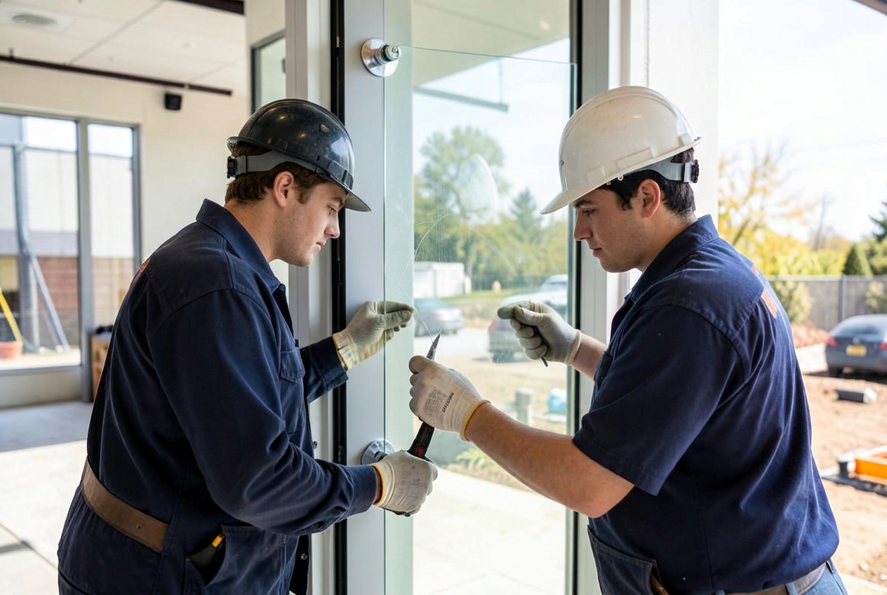 Two technicians setting a tempered glass panel into a commercial door frame