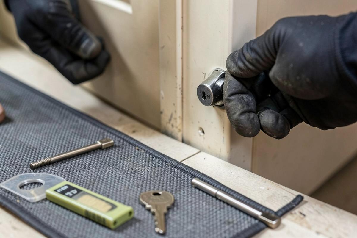 Locksmith rekeying a deadbolt cylinder on a door edge