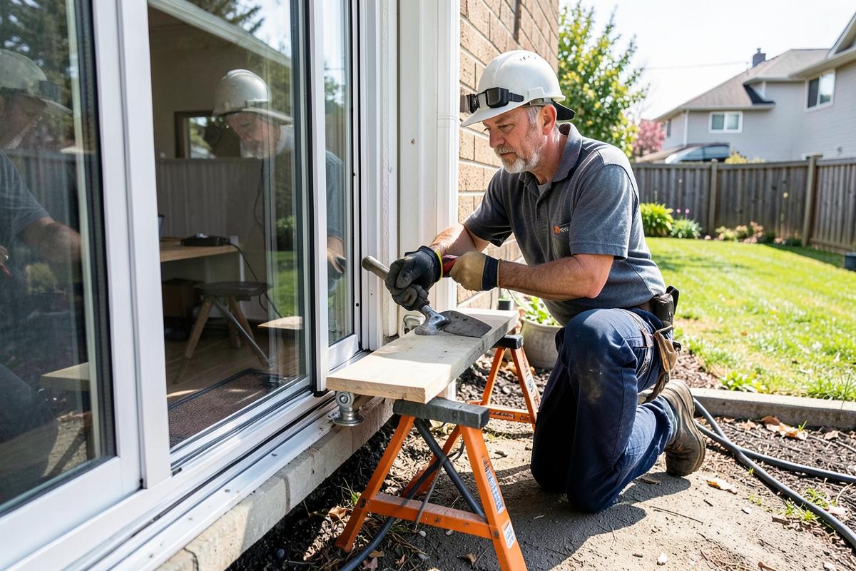 Technician replacing rollers on a sliding patio door