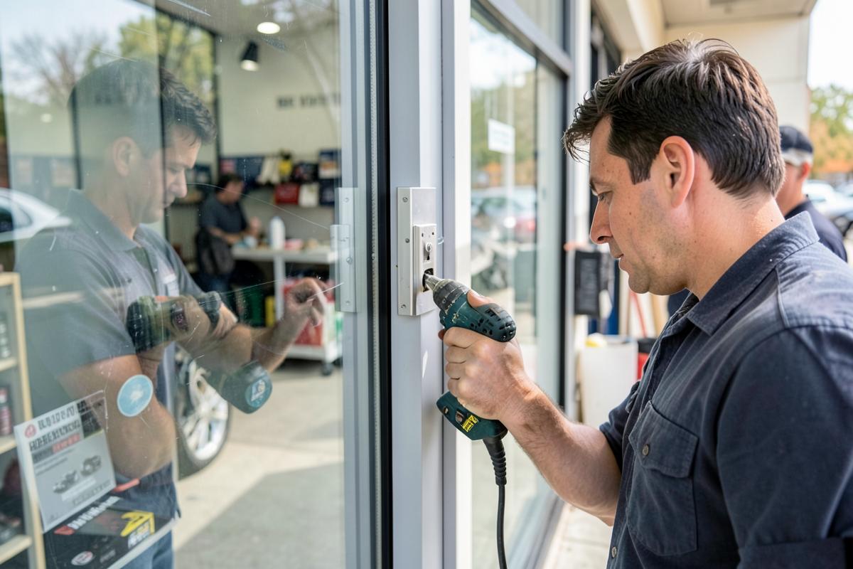 Technician servicing the lock on an aluminum storefront door