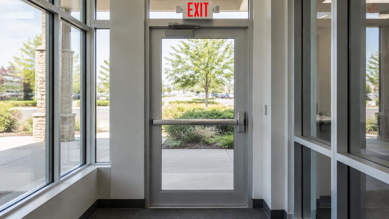 Panic exit device installed on a commercial door