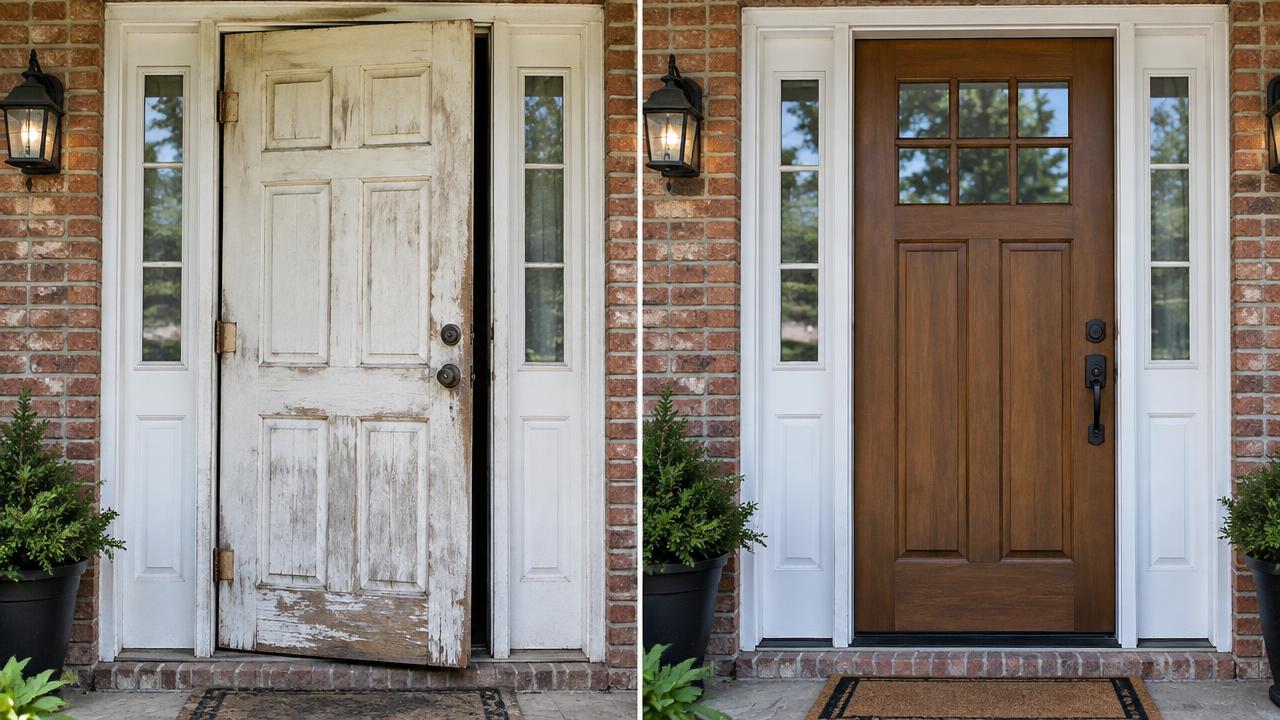 Technician adjusting a front entry door on a brick home