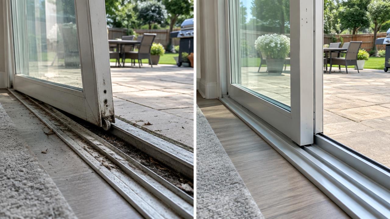 Technician replacing rollers on a sliding patio door