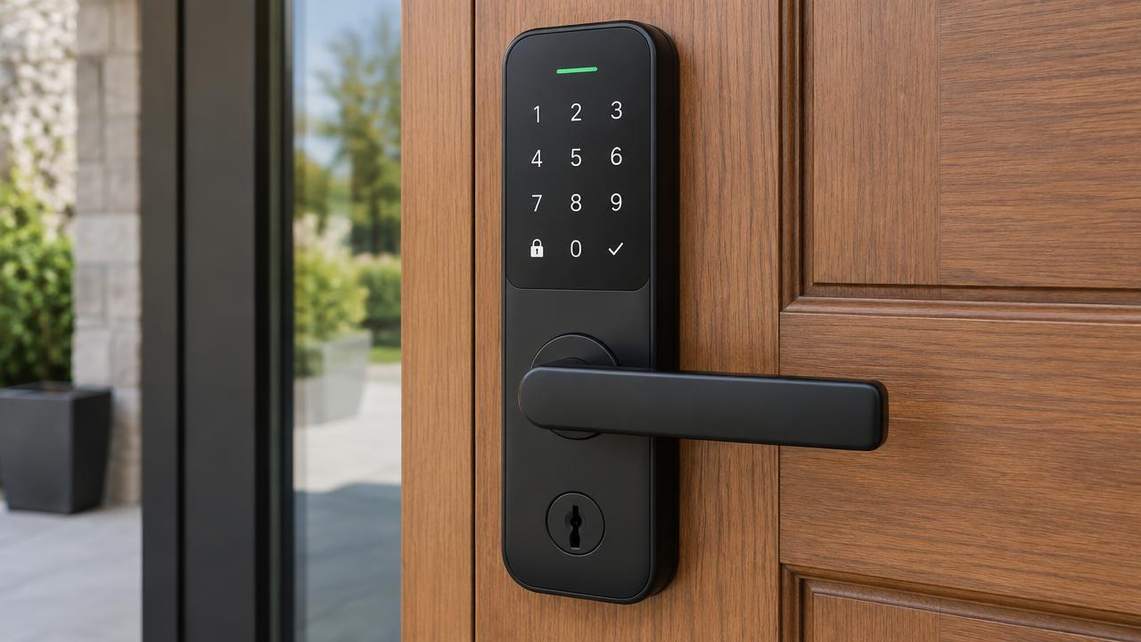 Smart deadbolt with keypad installed on a residential door