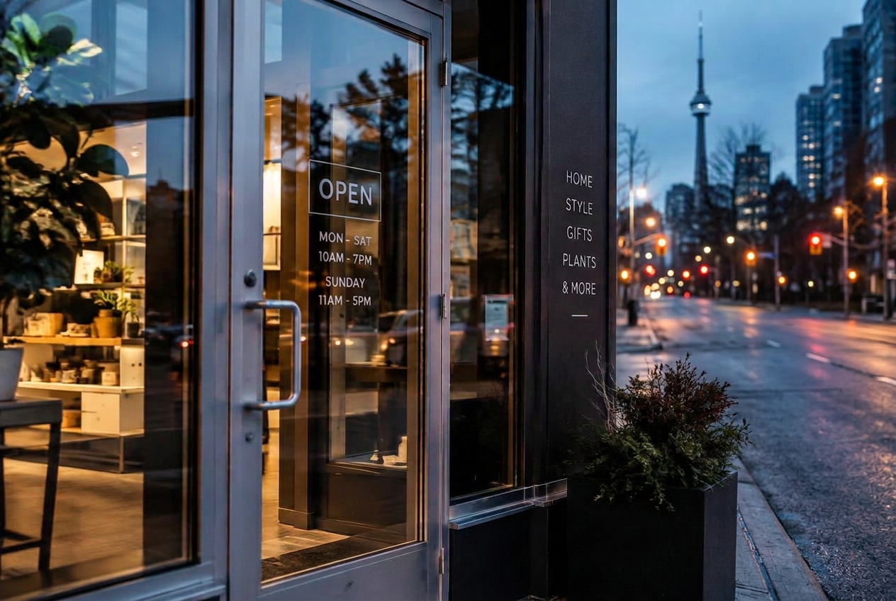 Aluminum glass storefront door at dusk in Toronto