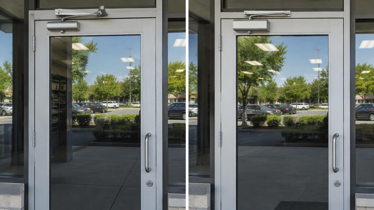 Technician servicing a door closer on an aluminum storefront door